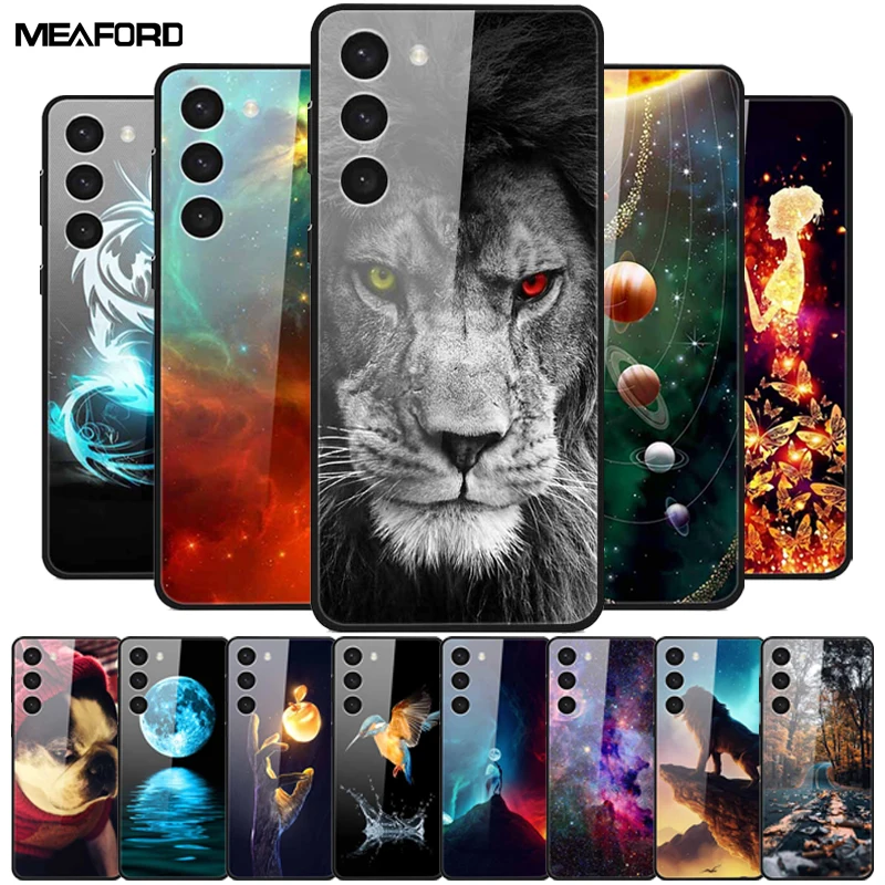 Tempered Glass Case For Samsung S23 Plus 5G Cover Galaxy S 23 Space Hard Back Coque For Samsung S23 Ultra S23+ Bumpers Funda Cat