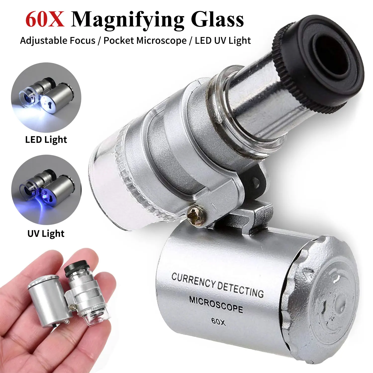 Jóias Eye Lupa com Led uv Light Lupa de Bolso Lupa de Jóias Foco Ajustável Mini Microscópio para Gem e Moedas 60x