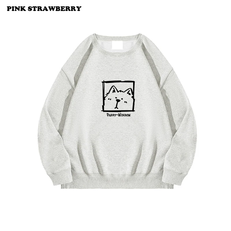 White Gray Korean Cartoon Print Sweatshirt Women Autumn Winter 2025 New Oversize O-Neck Plush Pullover Y2K Tops Ladies clothing