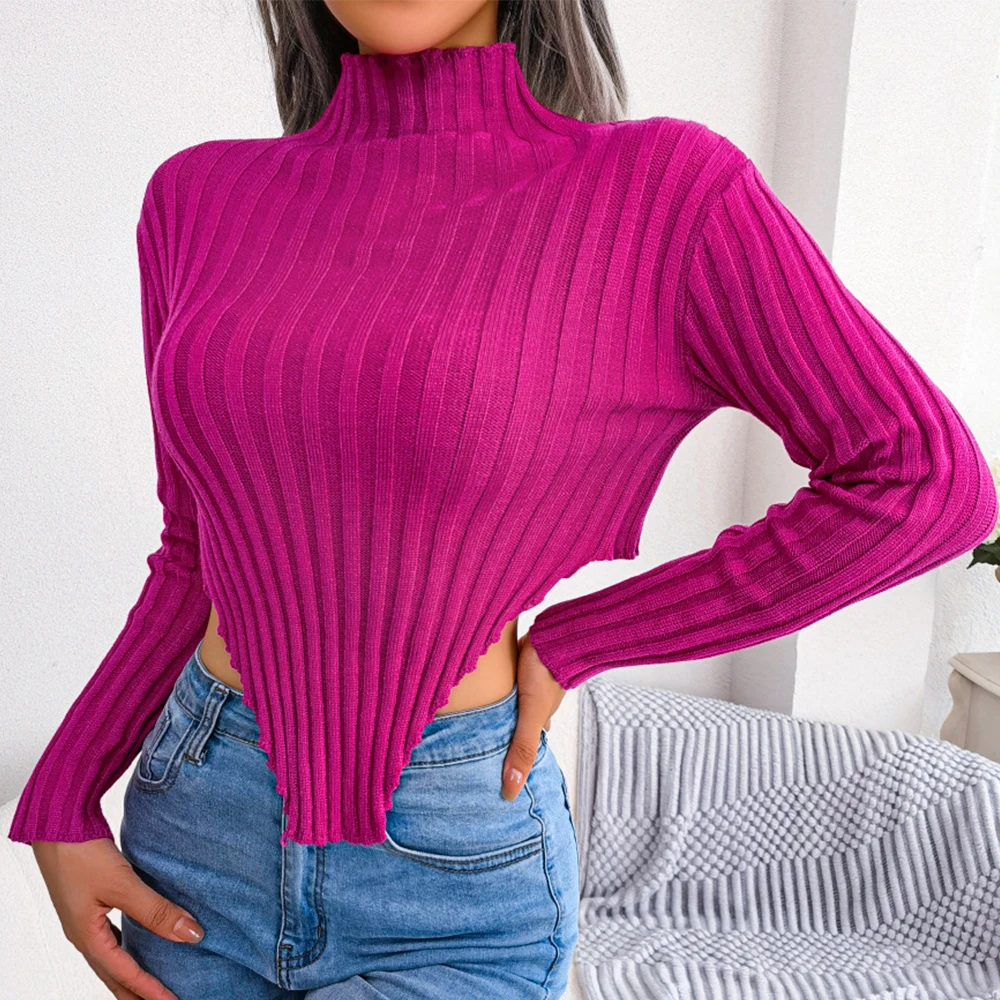 Mia Muse Herbst Winter frauen Pullover Herbst Einfache Sexy Mock Neck Langarm Crop Top Asymmetrische Gestrickte Unterwolle Solide S