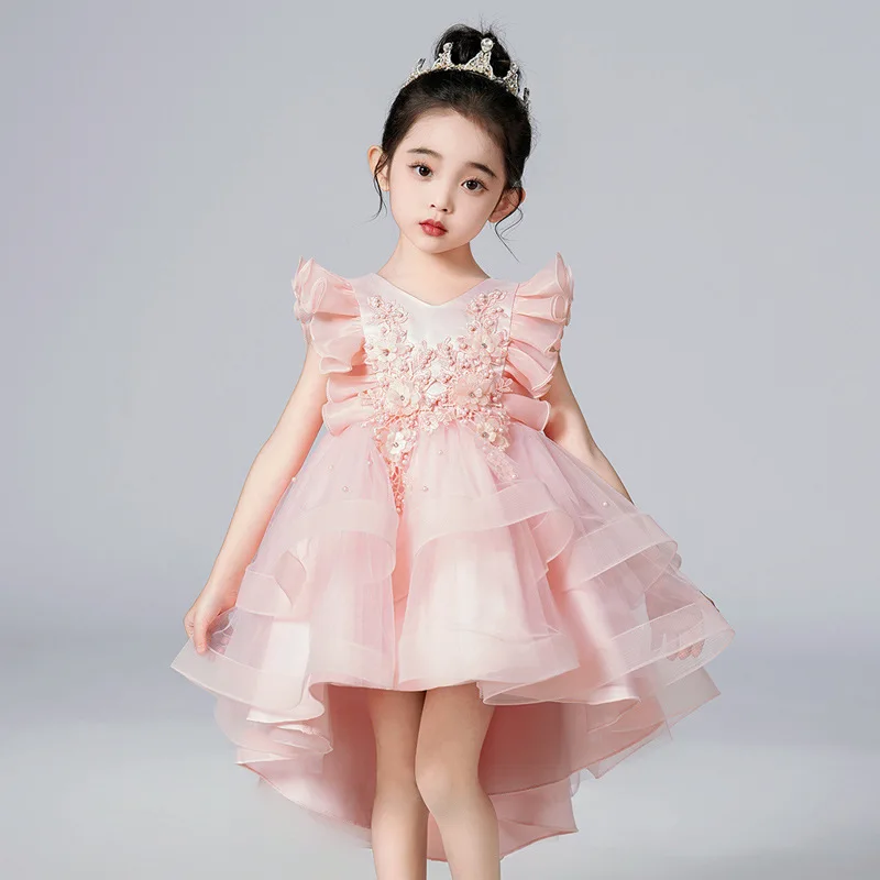 Girls' formal dress summer small flying sleeve dress tail style mesh fluffy skirt sweet bean sand color long skirt