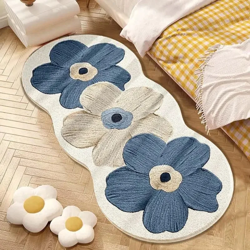 VIKAMA Aesthetic 3D Flower Fluffy Bedside Rug Non Slip Soft Plush Floor Mat Irregular Shape Bedroom Home Decor Carpet