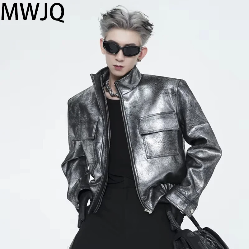 

MWJQ серебряная короткая мужская мотоциклетная куртка с подплечниками и воротником-стойкой, уличная мода, новые топы на весну и осень 010075
