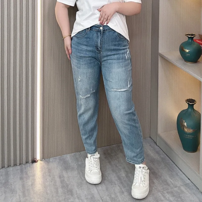 High Waist Quality Jeans Female Summer New Plus Size Loose Thin Hole Ankle-length Casual Harem Pants