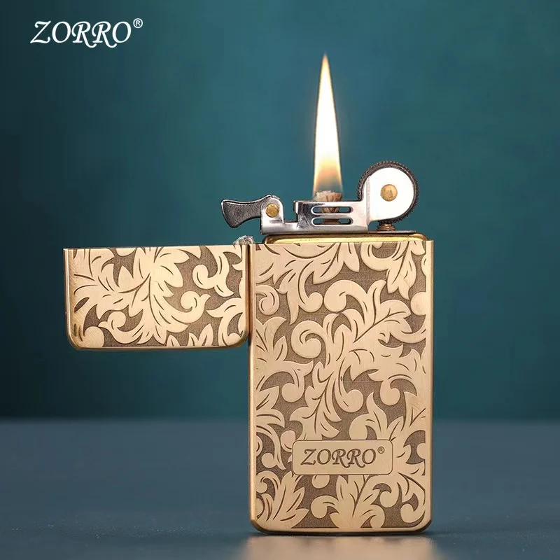 Zorro-Ultra-thin Copper Mini Kerosene Lighter, Portable Metal Windproof Grinding Wheel Lighter, Cigarette Smoking Gadget, New