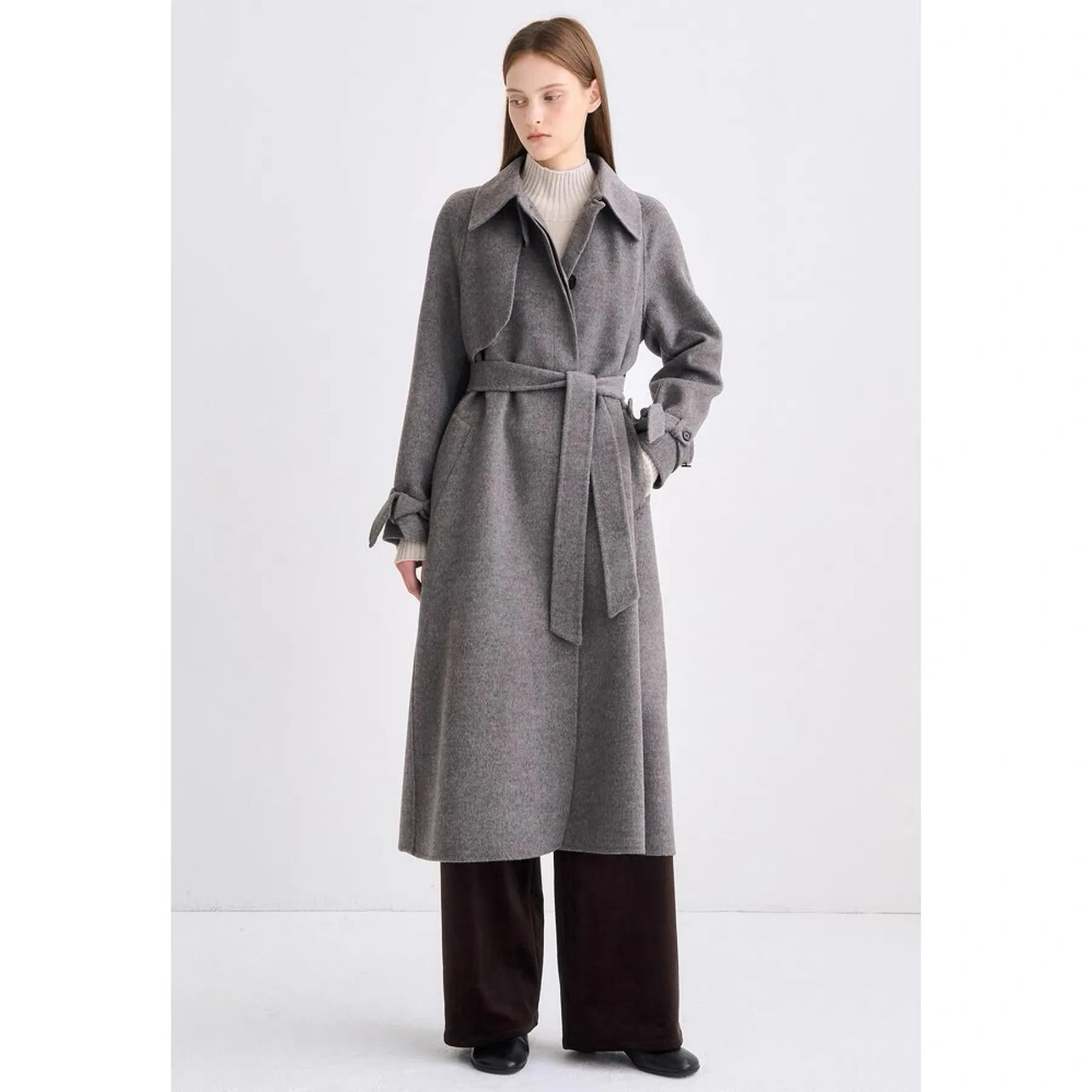 

TIM25 Winter Lemon Cheese Hand-Sewn Wool Long Coat oulder Bruing Sve Stand Collar Ele Commute Straight Cut Coat