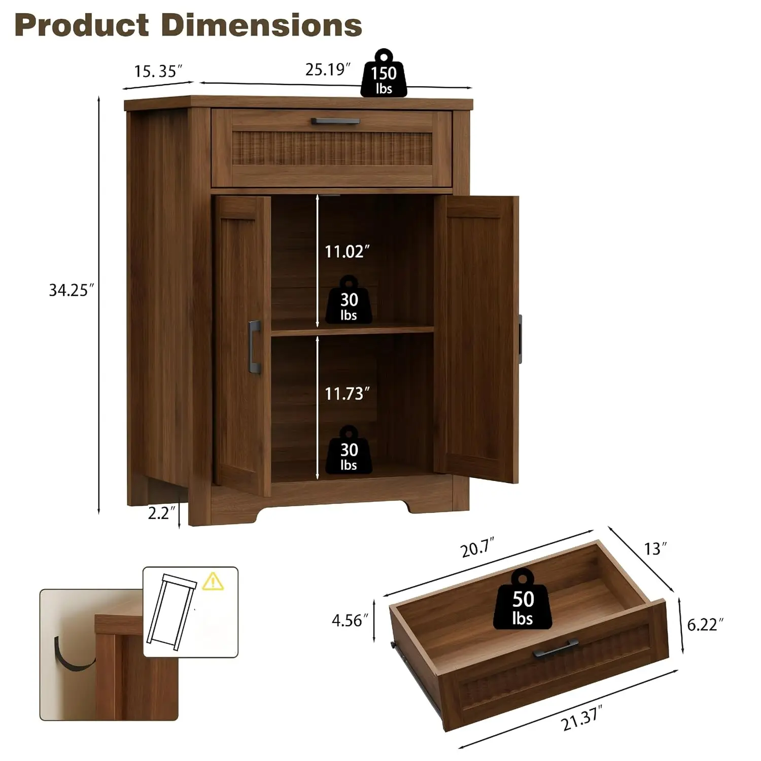 Small Fluted Buffet Cabinet with Drawer & Adjustable Shelf, Coffee Bar Sideboard for Kitchen Dining Living Room, Walnut, Customi