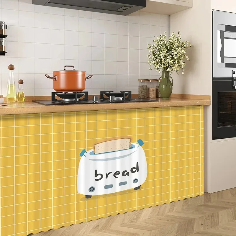VIKAMA Coffee Theme Long Cabinet Curtain Cartoon Coffee Cup Pot Print Fabric Counter Skirt Curtain for Kitchen Decor