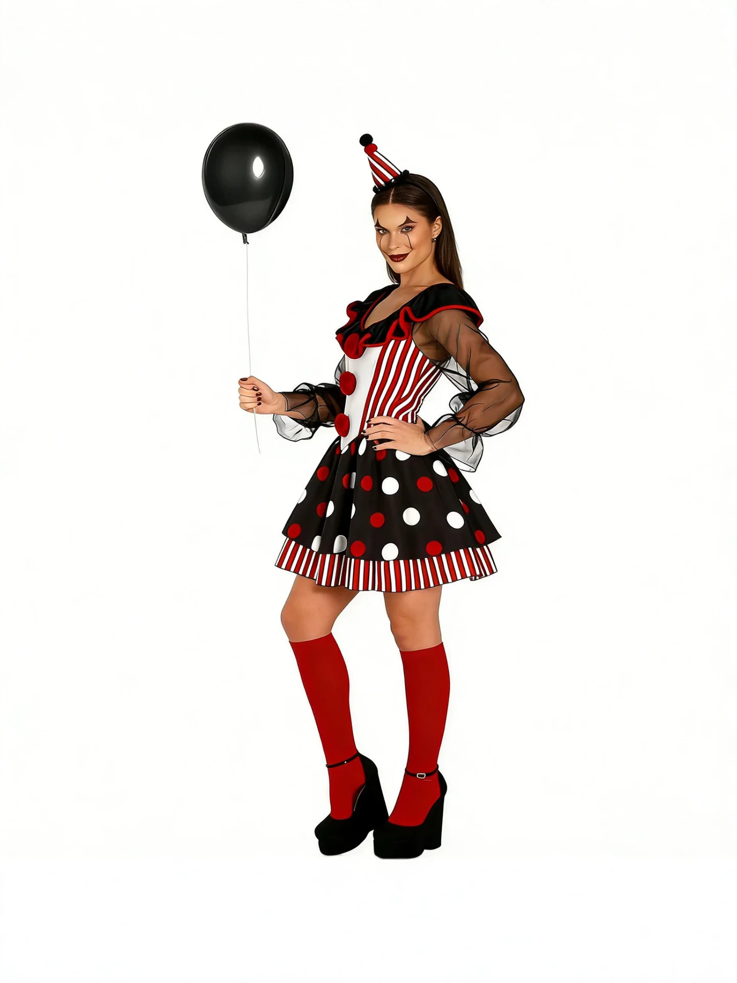 Halloween Costumes Women Horror Clown Cosplay Mini Dress Sheer Long Sleeve Ruffle Collar Polka Dot Stripe Party Club Outfit - view 6