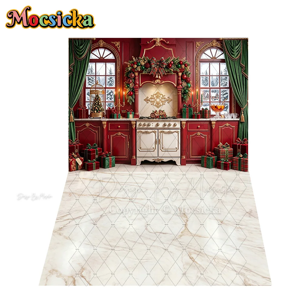 Mocsicka Backdrop Photography Red Christmas Kitchen Interior Xmas Garland Gift Background Winter Snow Window Family Photo Studio