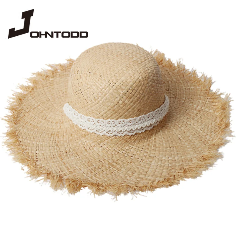 

New Brand Women Straw Sun Hats Large Wide Brim Gilrs White Lace Ribbon Natural Raffia Panama Beach Straw Sun Caps for Holiday