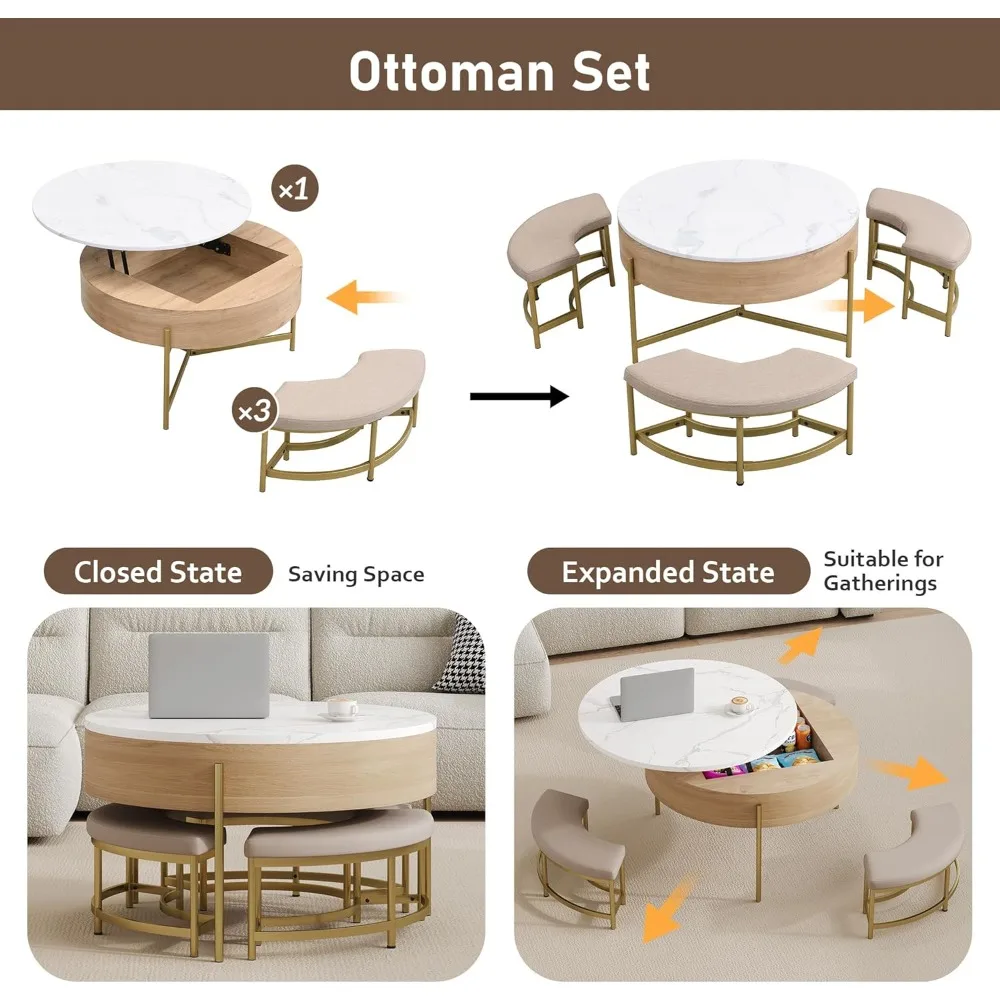 Merax Modern Round Lift-Top Coffee Table with Hidden Storage & 3 Ottoman, White + Natural