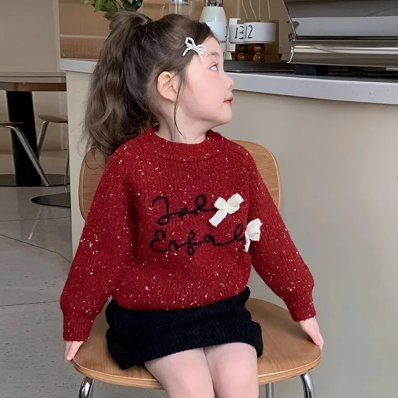 

Girls' Red Bow Sweater Autumn/Winter New Christmas Round Neck Kntted Top Korean Kids Warm Versatile Pullover Sweater