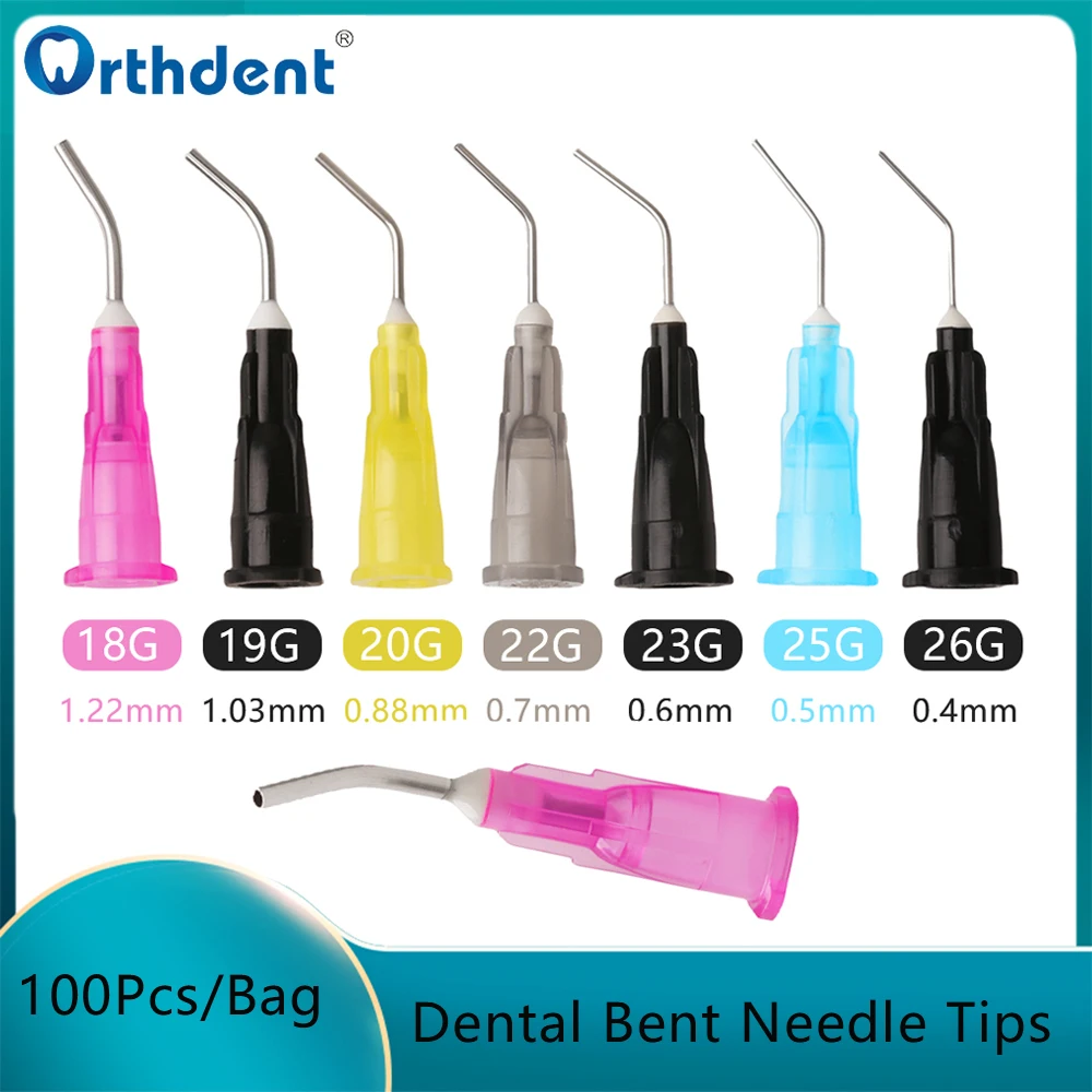 

100Pcs/Bag Dental Irrigation Resin Acid Reagent Delievery Syringe Tip Bent Needle Tips Dentistry Equipment 18/19/20/22/23/25G