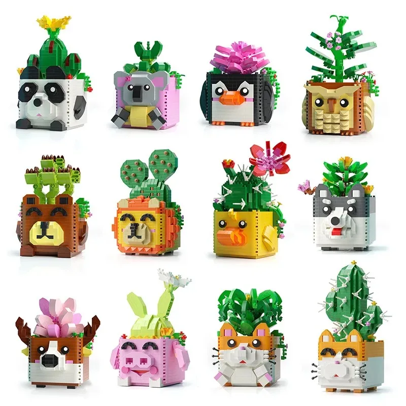 Woma Brand Potted Building Blocks Flower Cartoon Panda Erha Succulent Cactus Model Decoration DIY Children Educational Toy Gift