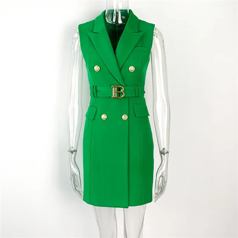 Slim Fit Sleeveless Vest Dress Women's Style Spring Autumn Summer Tailored Collar Belted Red New Model Lady's Skirt