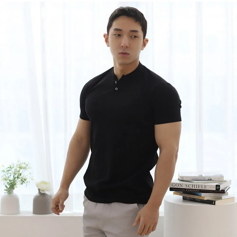 

2025 Summer New Men's Solid Color Henry Sports Short Sleeve Slim Fitness Breathable Round Neck Close T-Shirt