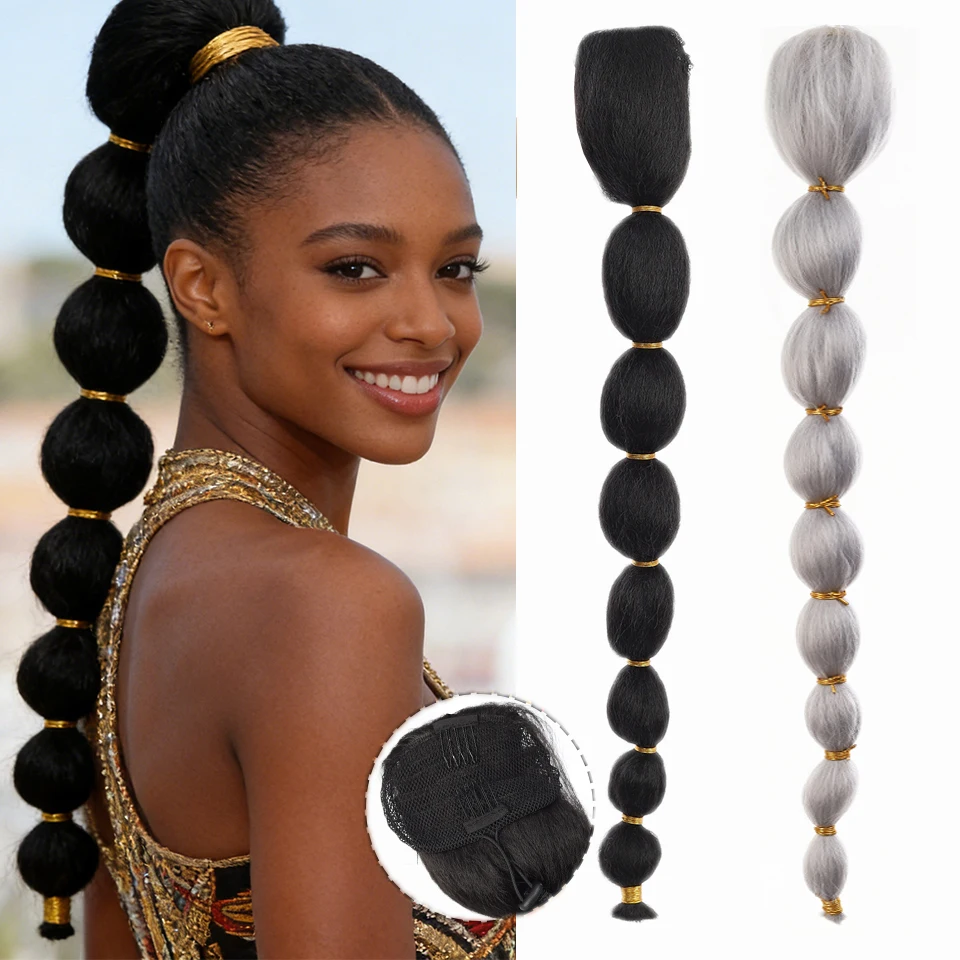 Extensiones de Cabello Sintético Largo Afro Puff Yaki Liso, Trenza de Linterna, Cola de Caballo con Burbujas, con Cordón y Clip para Mujeres Negras