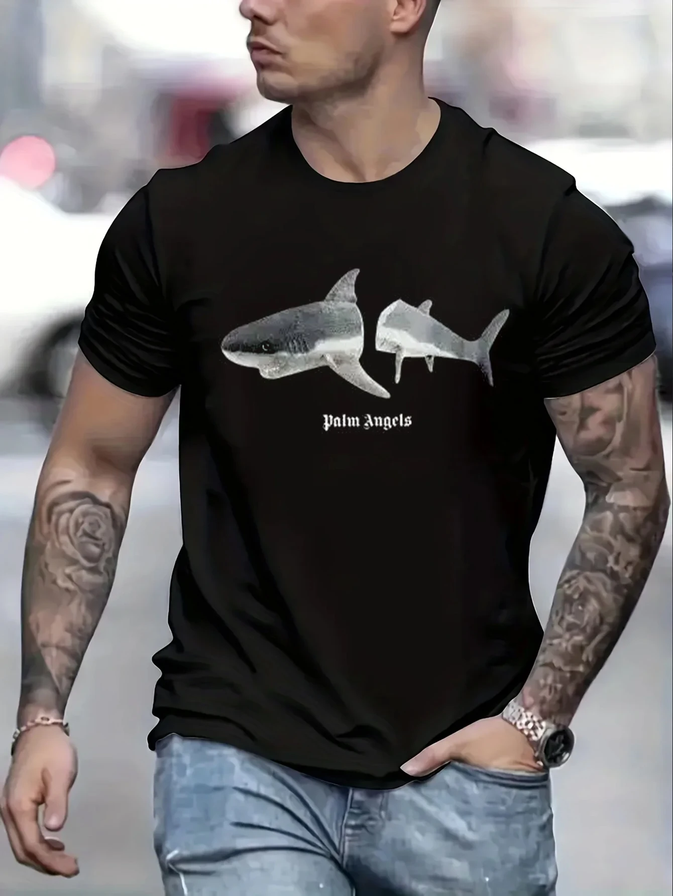 Short Sleeved T-Shirt Fun Cartoon Shark Design New T-Shirt o-Neck Black White Harajuku Men Tee Tops Cotton Fashion Clothing