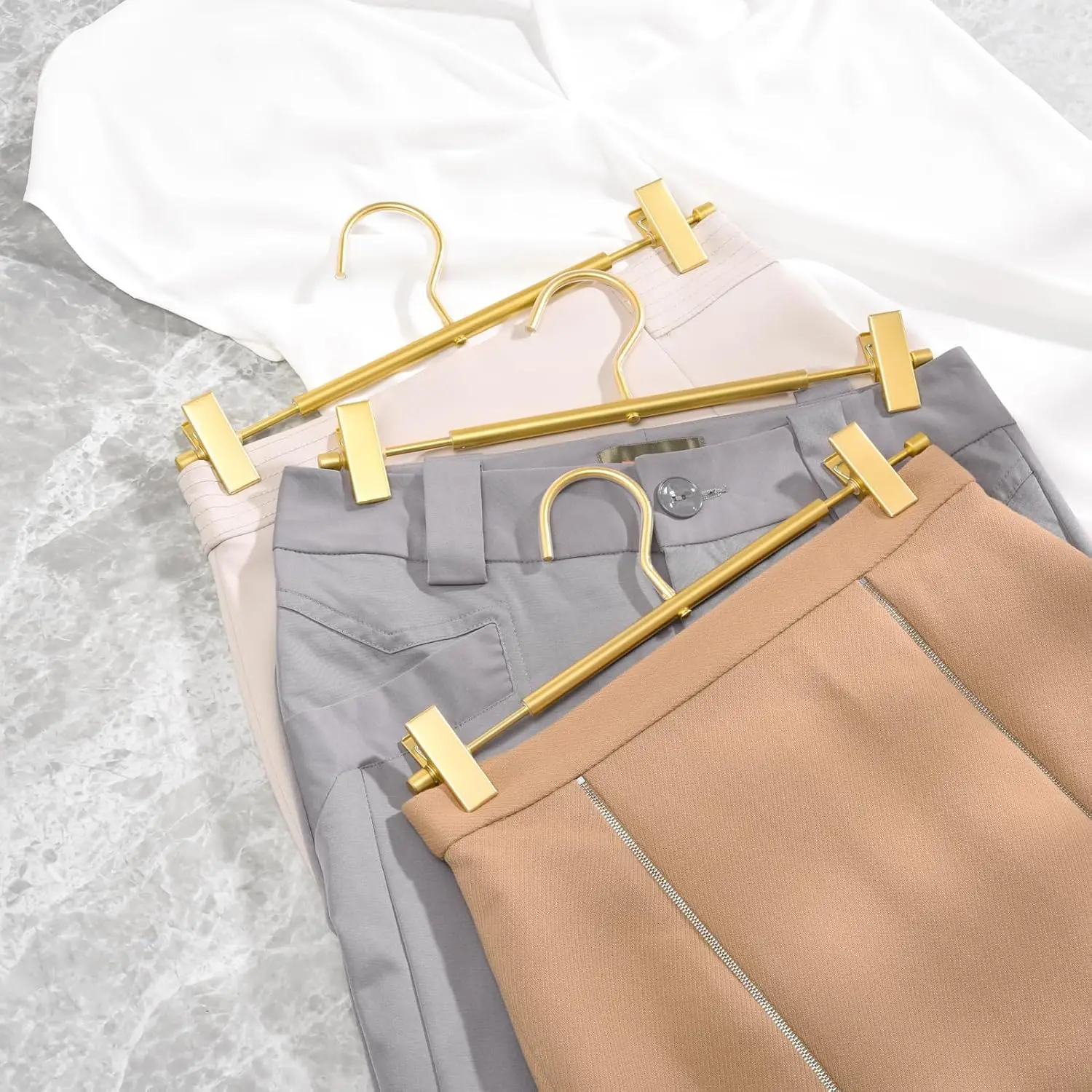 5 Pack Premium Matte Gold Aluminum Pants Hangers Smooth Durable Light Metal Skirt Slack Rack for Trouser with Clips Swivel Hook