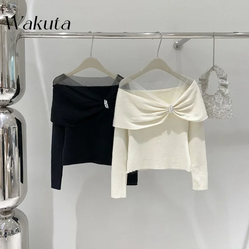 WAKUTA French Splicing Slash Neck Mesh Base Knitted Pullovers 2024 Autumn and Winter New Long Sleeved Pearl High-end Sweater