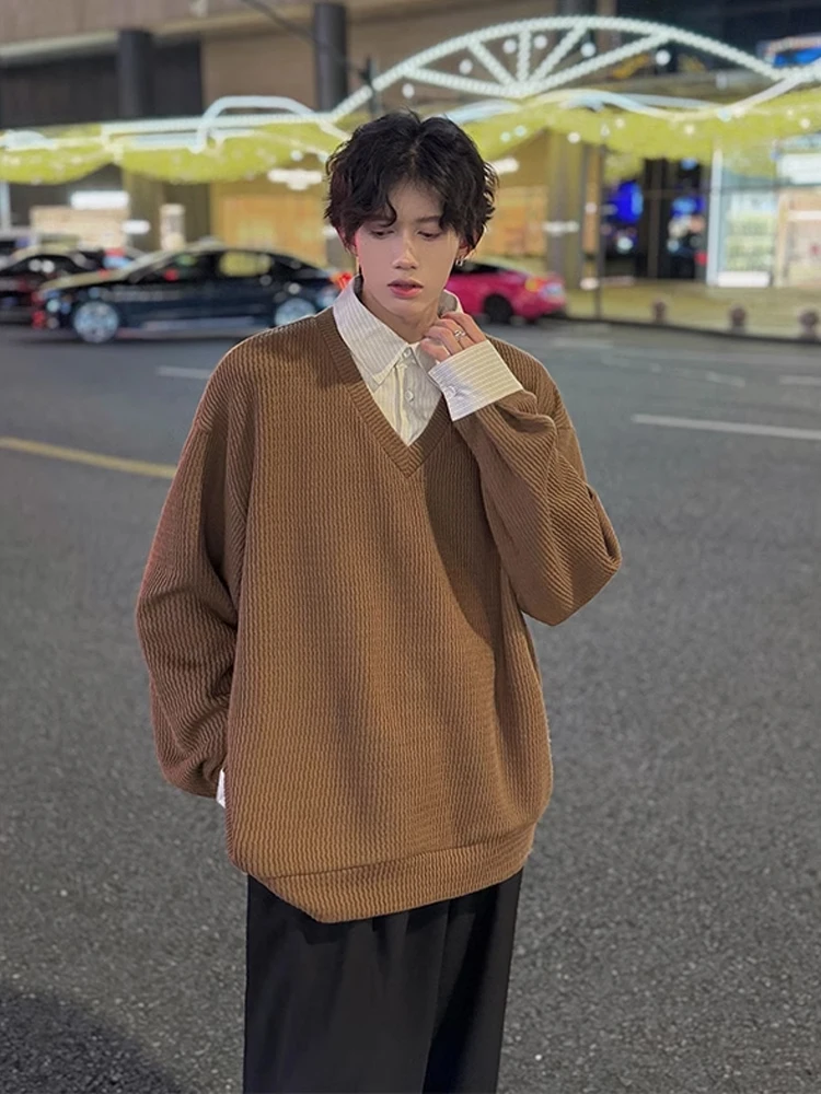 

Коричневый свитшот из двух предметов в американском стиле ретро, мужской весенне-осенний лоскутный свитер irt Lazy High-End Base irt