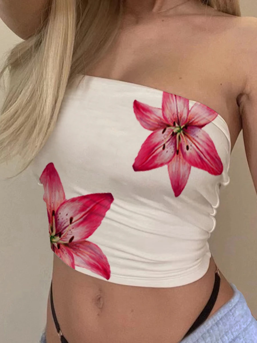 Bustier tubulaire à imprimé floral pour femmes, haut sans bretelles, chemise cintrée, tenue de rue pour filles épicées, été, Y2K