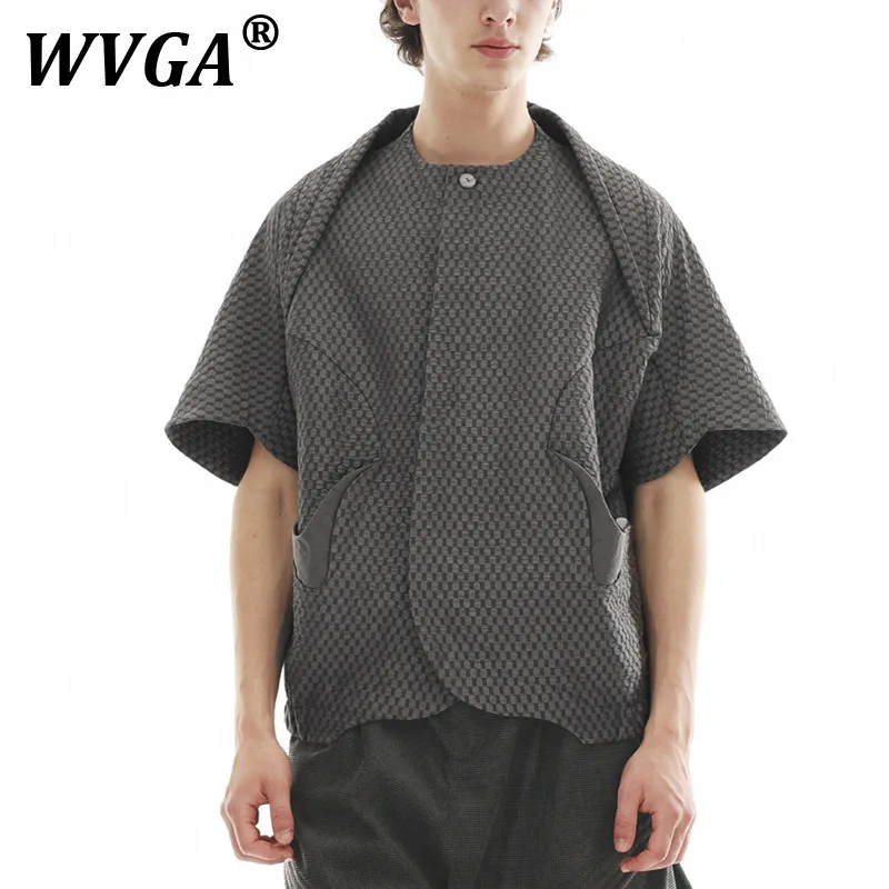 

WVGA Летние новые мужские рубашки Tide High Street в стиле пэчворк без воротника Модные рубашки с короткими рукавами Нишевые шикарные повседневные топы большого размера Ins W10074