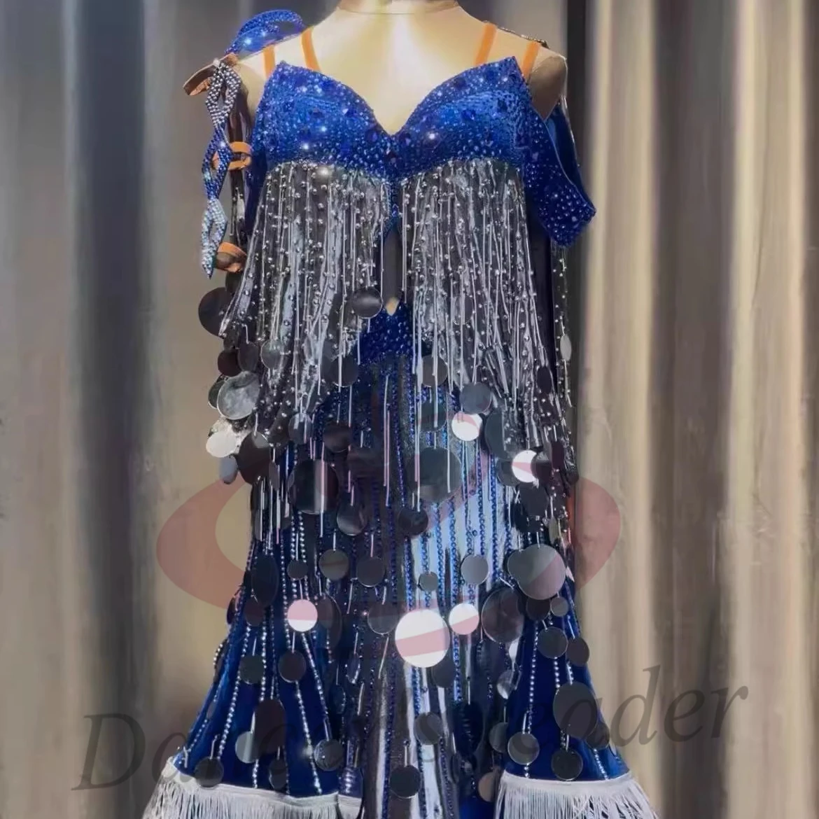 

Latin Dance AB Stone Female Adult Children High-End Customized Sequins, Sapphire Blue Velvet, Black Pool Samba Performance Dress