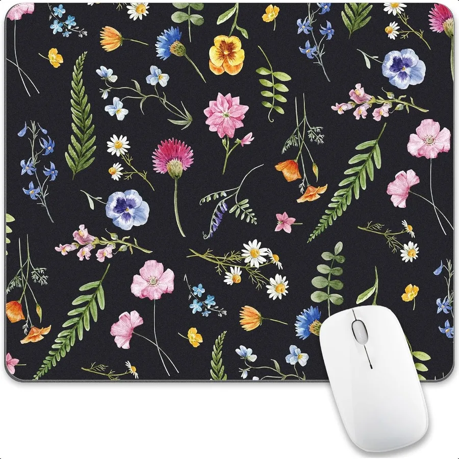 

Floral Mouse Pad Mousepad Flower Black Cute Pretty Aesthetic Desk Mat Daisy Plant Botanical Leaf Square Women Laptop Computer G