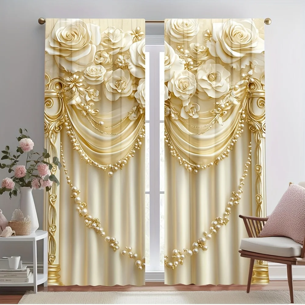 

Золотые розы и жемчужные шторы с 3D принтом, оконные шторы, роскошный домашний декор, элегантный модный дизайн для гостиной