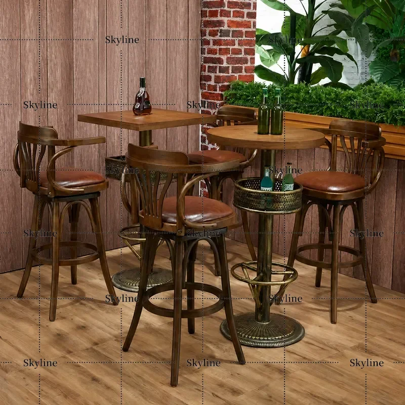 for Retro Solid Wood Rotating High Bar Stool Casual Cafe American Restaurant Clear Bar Table and Chair Combination
