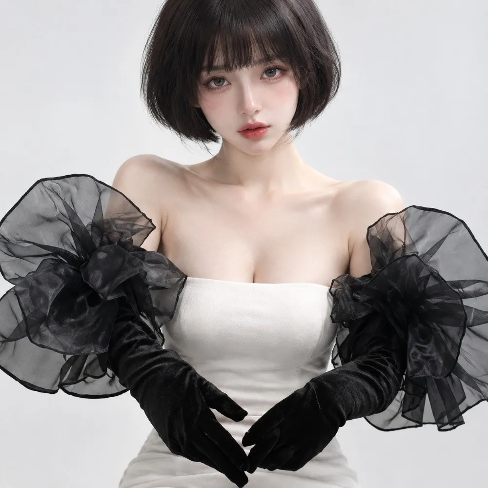 Elegant Ruffles Velvet Mittens Organza Flower Elastic Long Gloves Solid Color Warm Wedding Bridal Gloves Dress Accessories