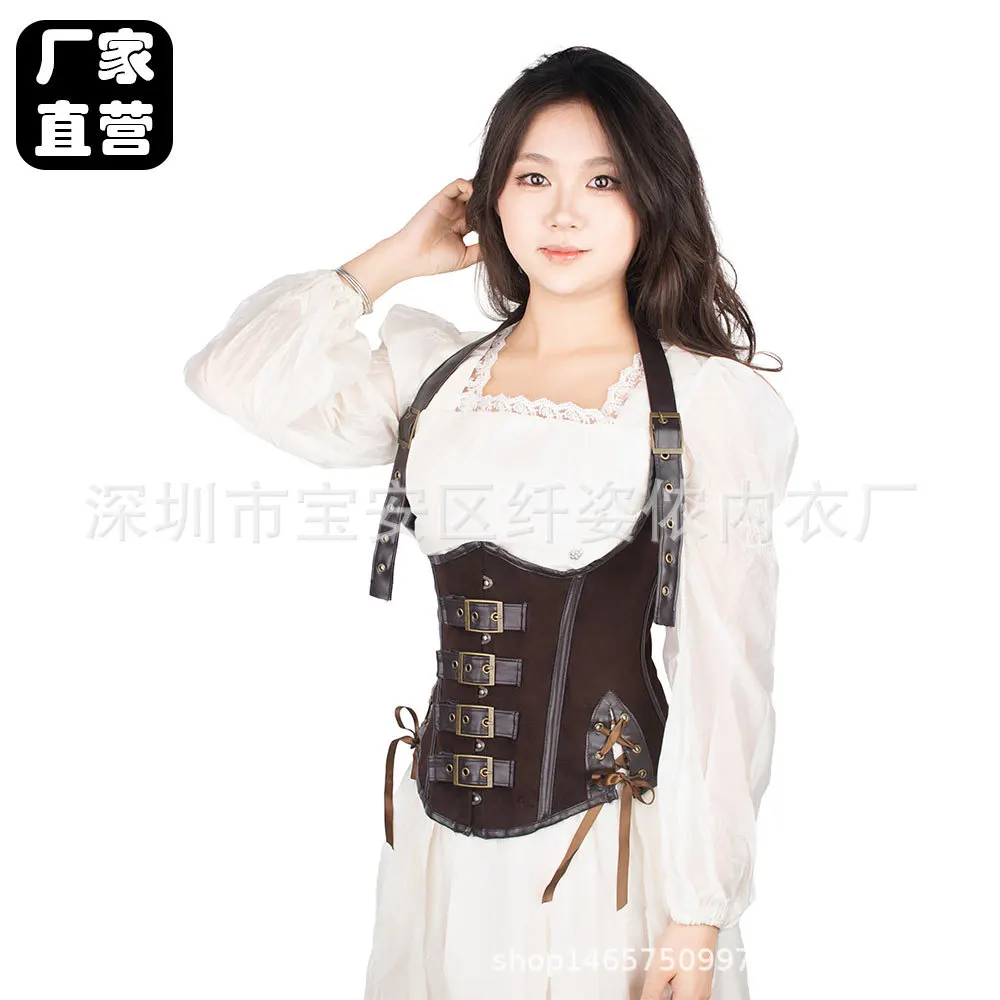 مشدات المحكمة الأوروبية والأمريكية، أشرطة كتف نسائية معلقة على الرقبة من جلد البولي يوريثان، ختم الخصر على شكل عظمة فولاذية، كور الخصر