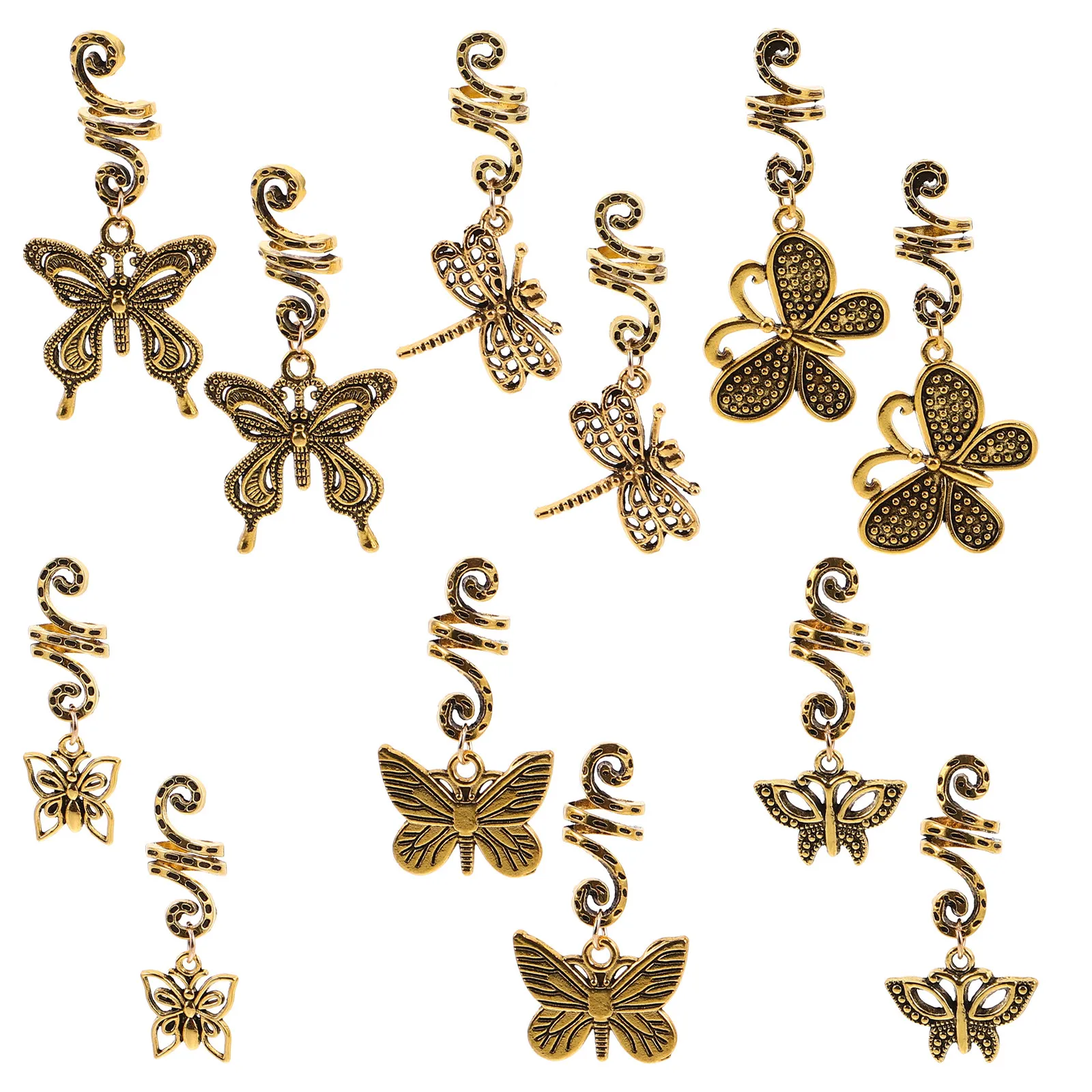 

12Pcs Vintage Metal Hair Rings Butterfly Hair Jewelry Braids Styling Dreadlock Charms Accessories Retro for Women