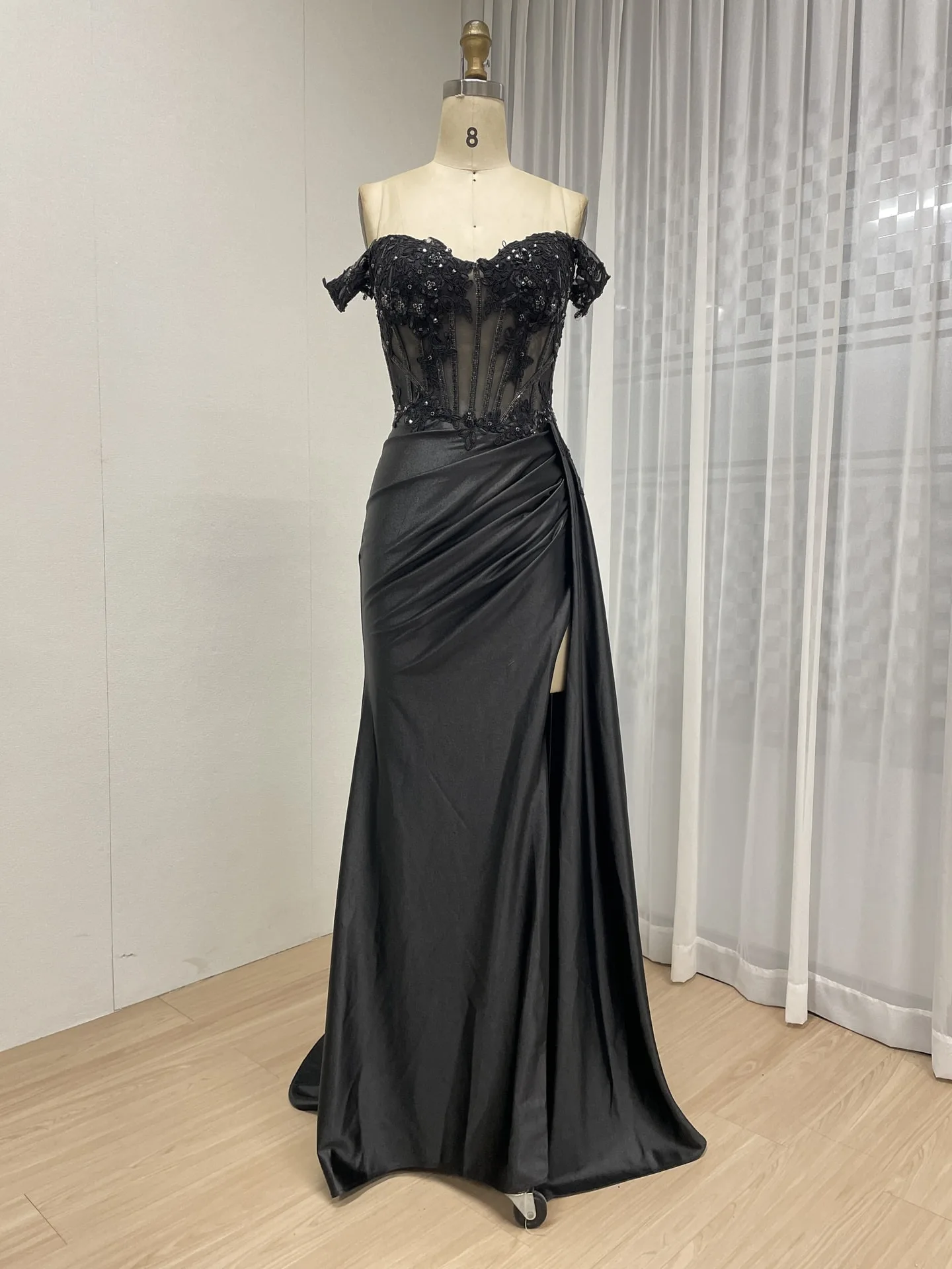 

Customized Elegant Evening dresses 2025 Mermaid Off-the-shoulder Satin Floor length Applique Beads Side Slit Zipper Prom Dresses