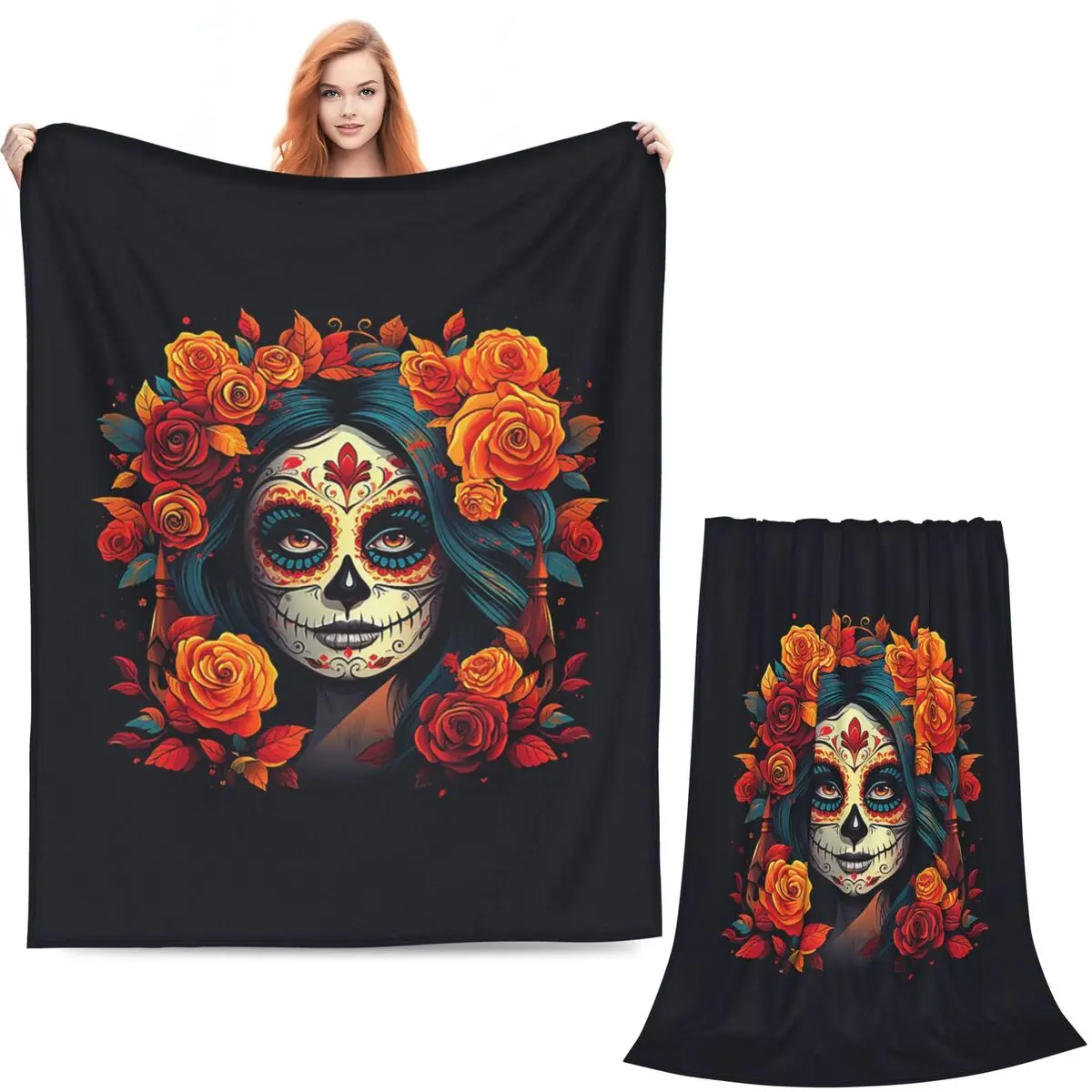 Mexican Skull Calavera Illustration Blankets Soft Warm Flannel Throw Blanket Bedding for Bed Living room Picnic Travel Home Sofa