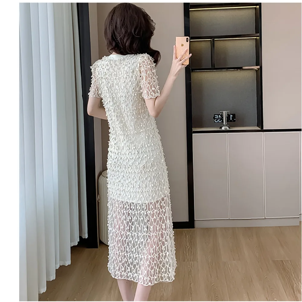 EIYOVVI 2024 Summer New Round Neck Korean Edition Loose Flesh Covering Slim Long Dress Double Layered Reticular Fashion Dress