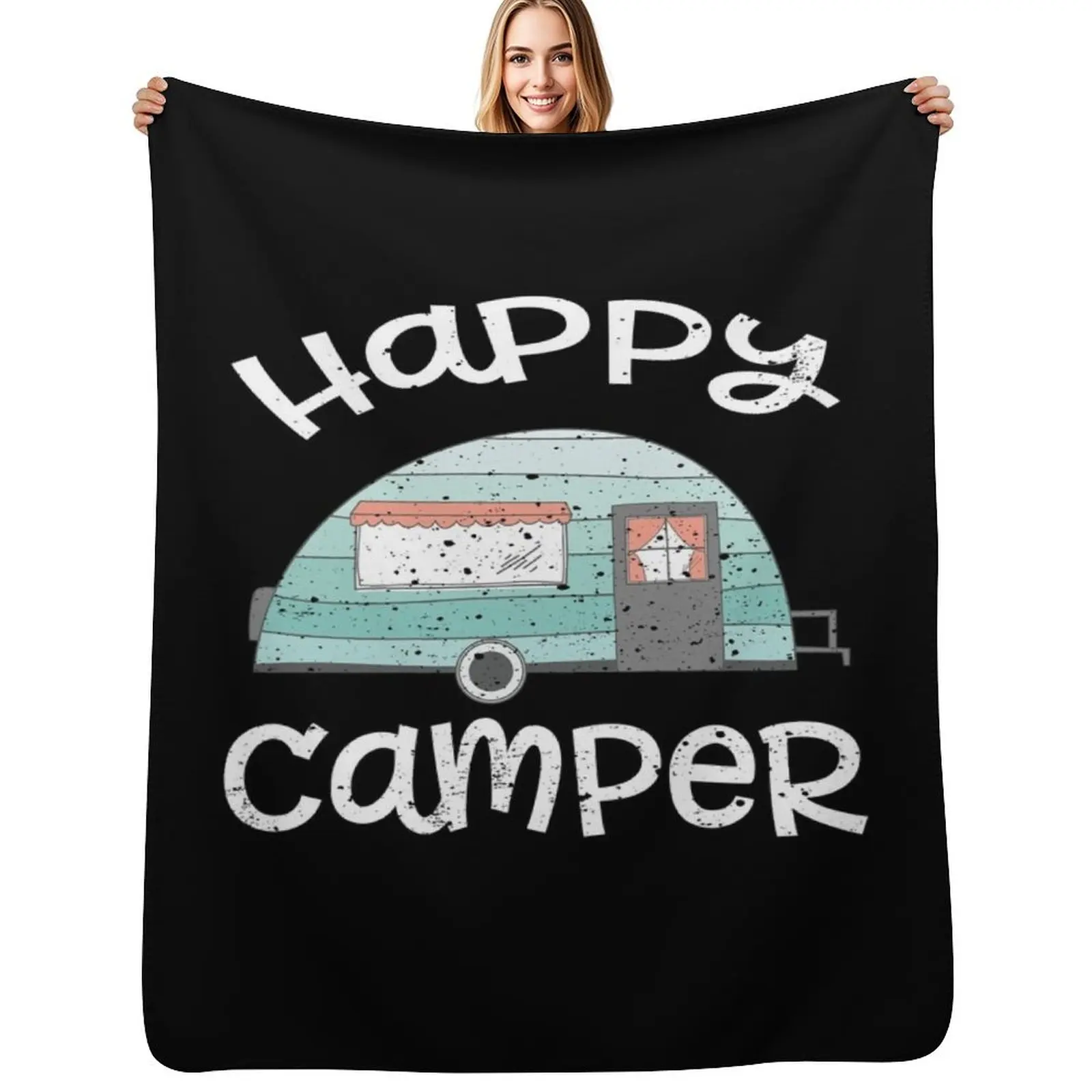 Happy Camper Retro Trailer RV Caravan Camping Throw Blanket Decorative Beds Quilt Softest anime Thermal decorative Blankets