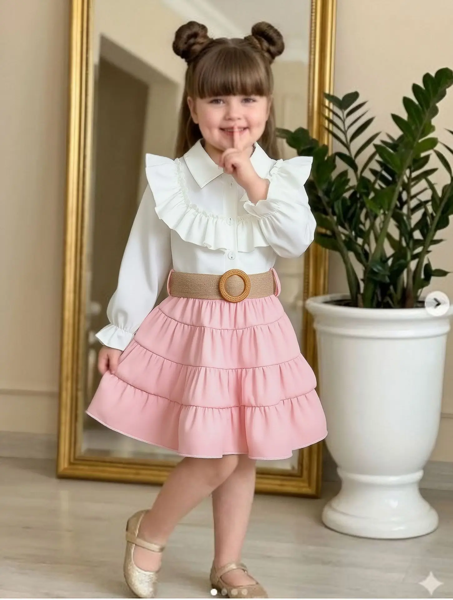 Girl Stand Collar Lotus Leaf Side Long Sleeve Top Cake Short Skirt with Belt Three Piece Set European and American Style