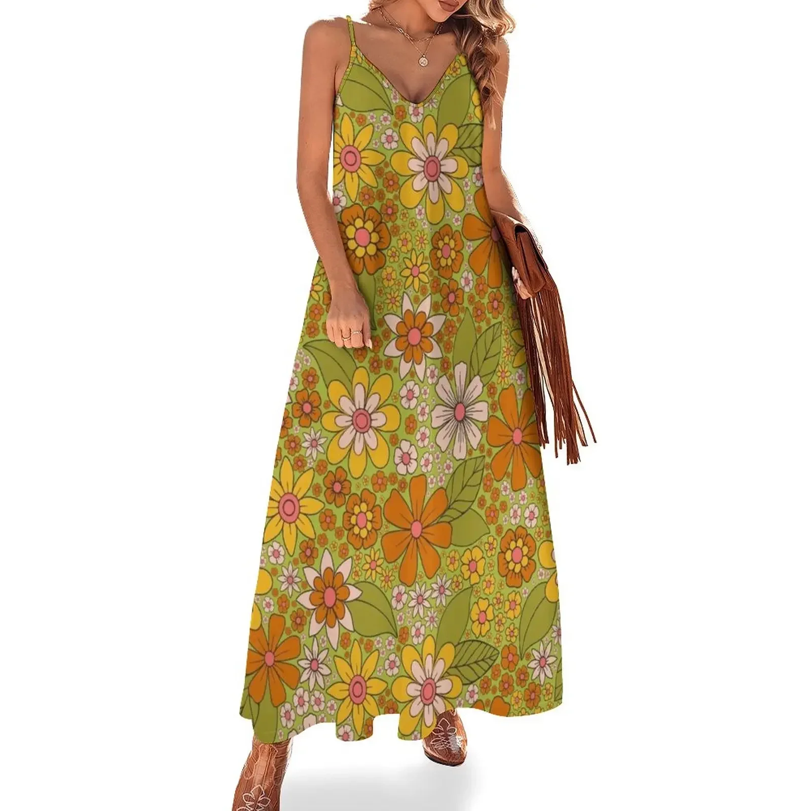 

1960s, 1970s Retro Floral in Green, Pink & Orange - Flower Power Sleeveless Dress Dress woman Dress