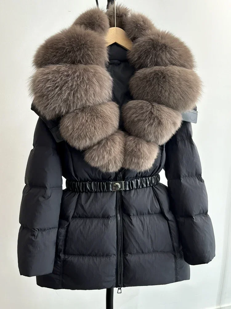 Janveny grande pelliccia di volpe naturale 90% piumino d'anatra donna 2024 inverno nuovo parka di piume femminili spesse piumino sottile con cintura