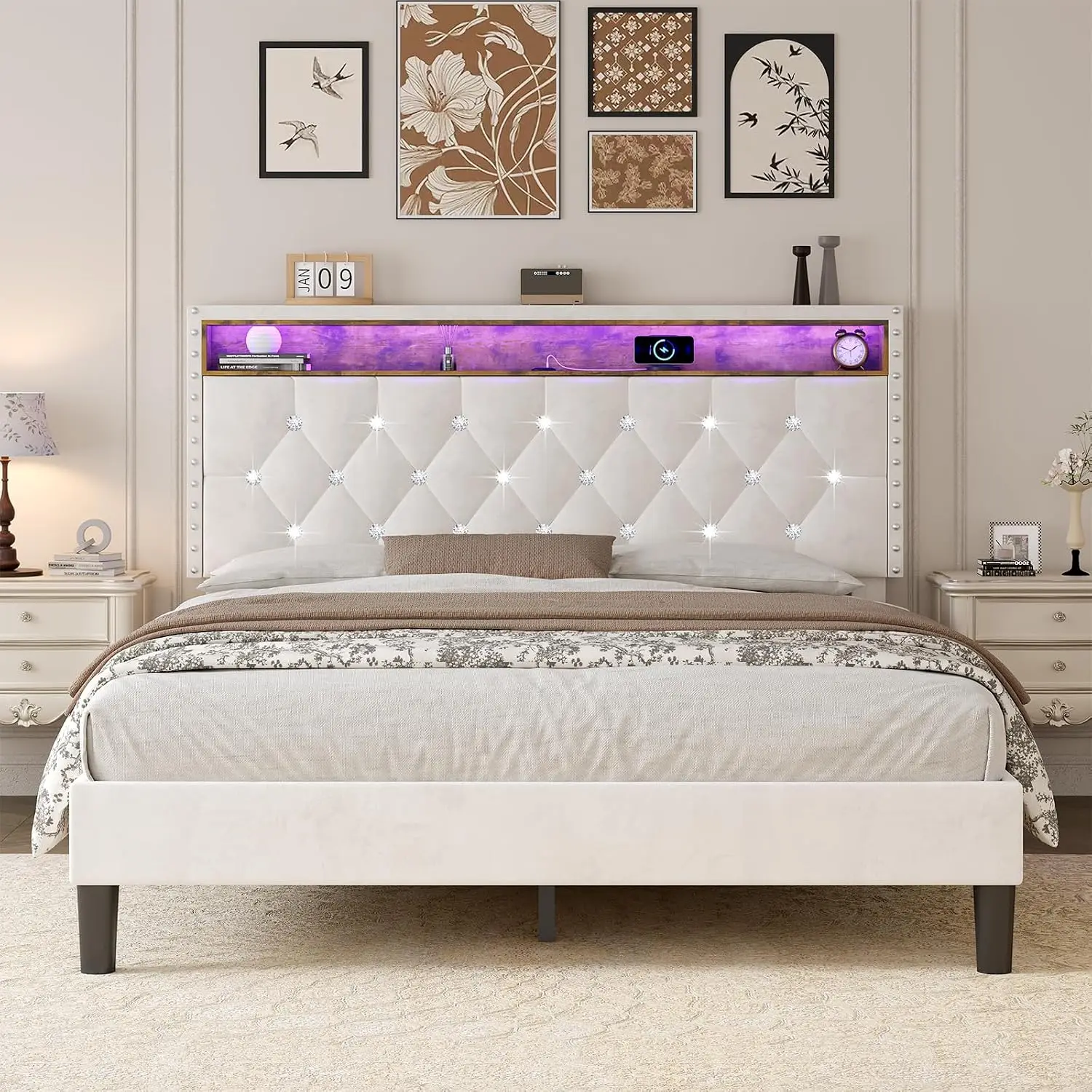 Queen Velvet Bed Frame with LED Light, USB Charging, Storage Headboard, Diamond Tufted, No Box Spring, Easy Assembly, White, Cus