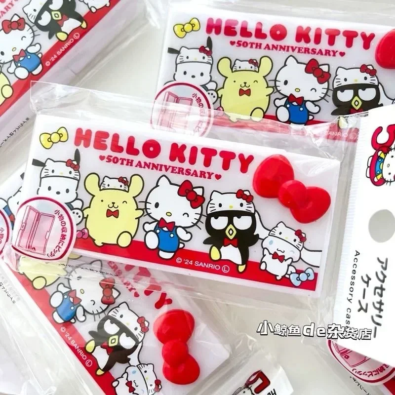 Sanrios HelloKitty 50th Anniversary Limited Cosmetic Cotton Swab Box Anime Kawaii Portable Dental Floss Card Storage Box Gifts