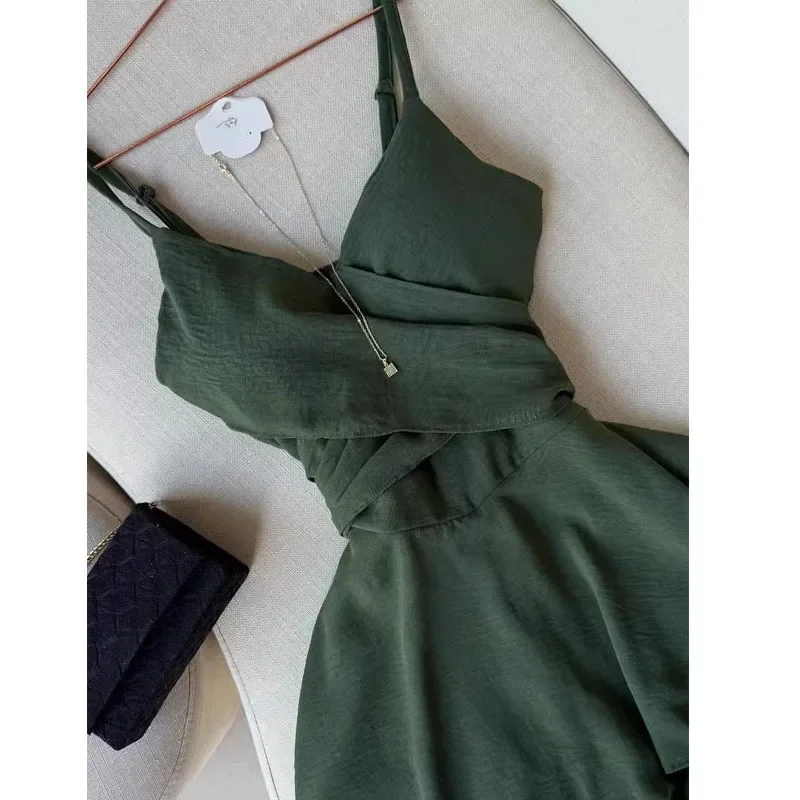 Amerikanischen Retro Grün Camis Kleid Y2K Mode Hot Girl Tiefem V Mini Kleid Sommer Neue Chic Strand Resort Ärmellose Vestidos