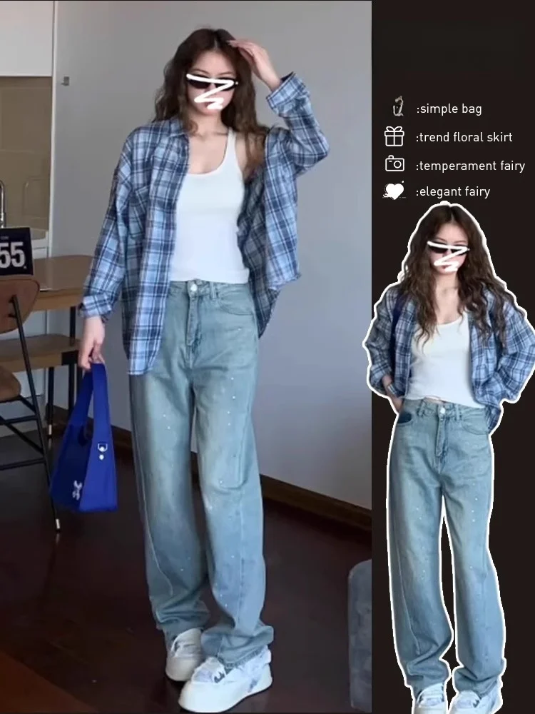 

Blue Plaid Collar Long Sleeve Women's Shirt Casual Outerwear Loose Slimming Versatile Open Cardigan Korean Style