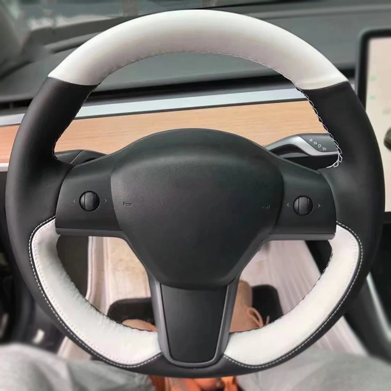 

Custom Nappa Genuine Leather Auto Braid On The Steering Wheel Cover for Tesla Model 3 Y Car Braiding Wheel Covers Accessories