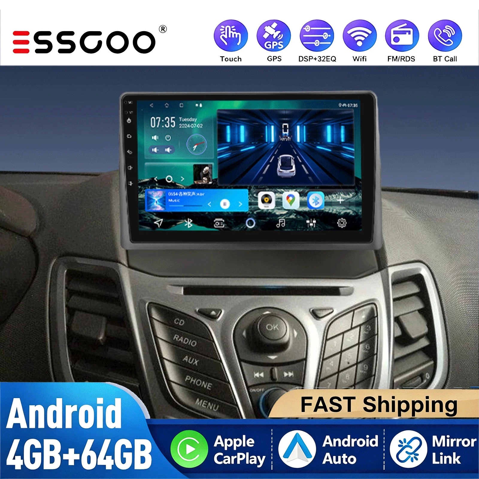 ESSGOO 4+64G Für Ford Fiesta 2009-2013 2014 2015 2016 2017 Kabelloses CarPlay Android Auto Radio GPS RDS WiFi BT DAB+ Kamera
