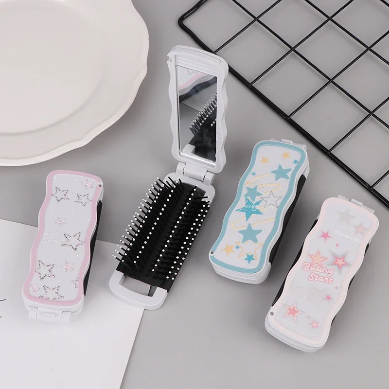 Mini Hair Brush Folding Massage Comb Head Massage Anti-Static Portable Travel Hair Brush Girl Hair Combs With Mirror