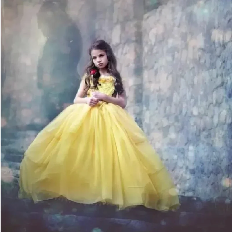 

Customized Yellow Flower Girl Dress Applique Sleeveless for Wedding Floor Length Princess Birthday Party First Communion Gowns